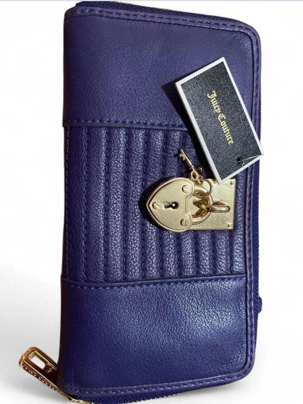 Juicy Couture Quilted Leather Padlock Zip Wallet Indigo Berry Purple NWT